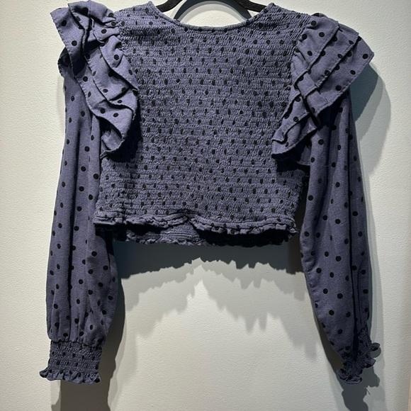 Zara Tops - ZARA Women's Long Sleeve Polka Dots Ruffle Shoulder Crop Top Blue Size L